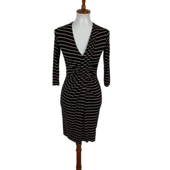 Bailey 44 Striped Bodycon Dress Small Brown Black 34 Sleeve Office Stretch - Picture 1 of 6
